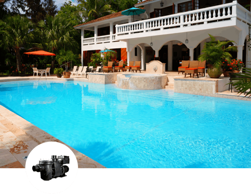 A pool with a view of the house and a camera.